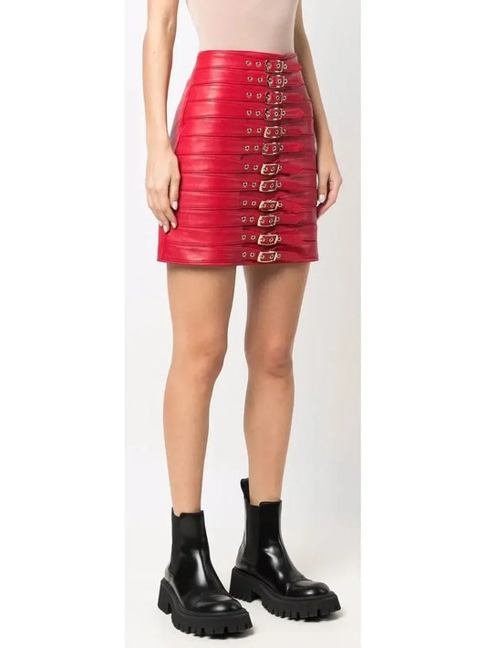 Buckle-Detail Leather Mini Skirt Red - Skirts