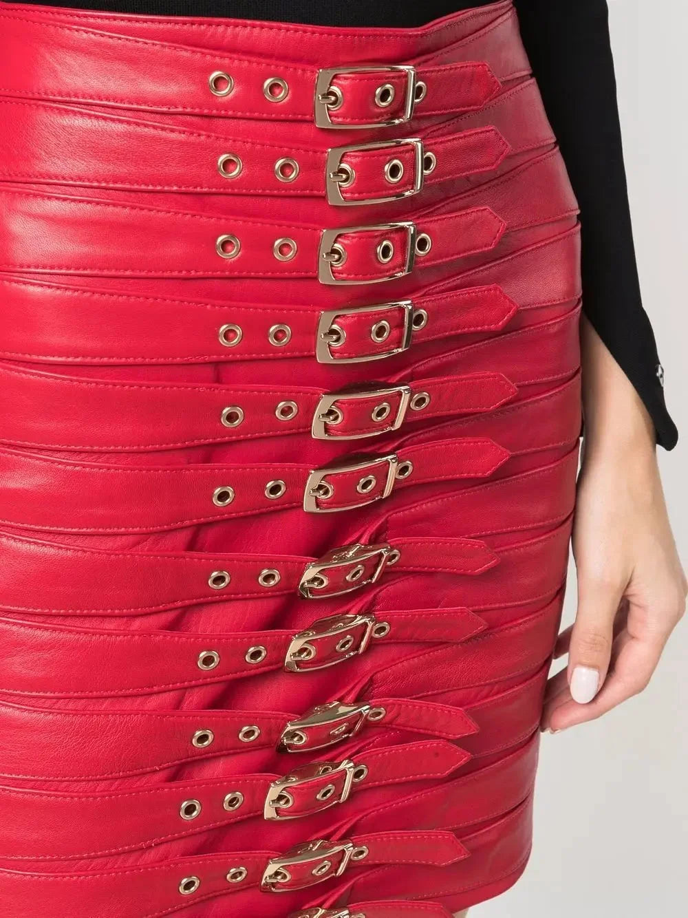 Buckle-Detail Leather Mini Skirt Red - Skirts