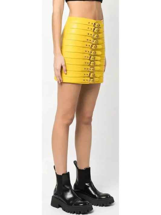 Buckle-Detail Leather Mini Skirt Yellow - Skirts