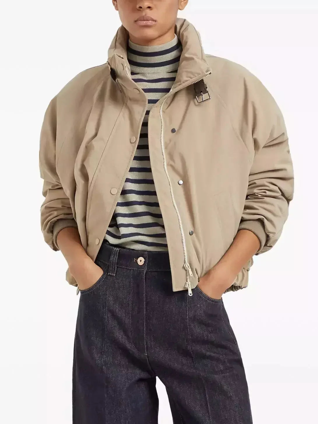 Buckled-Collar Goose Feather-Down Jacket in Beige - Jackets