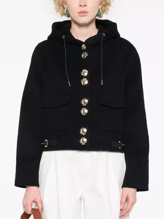 Buckled Cropped Hooded Jacket with Gold Buttons - Jackets