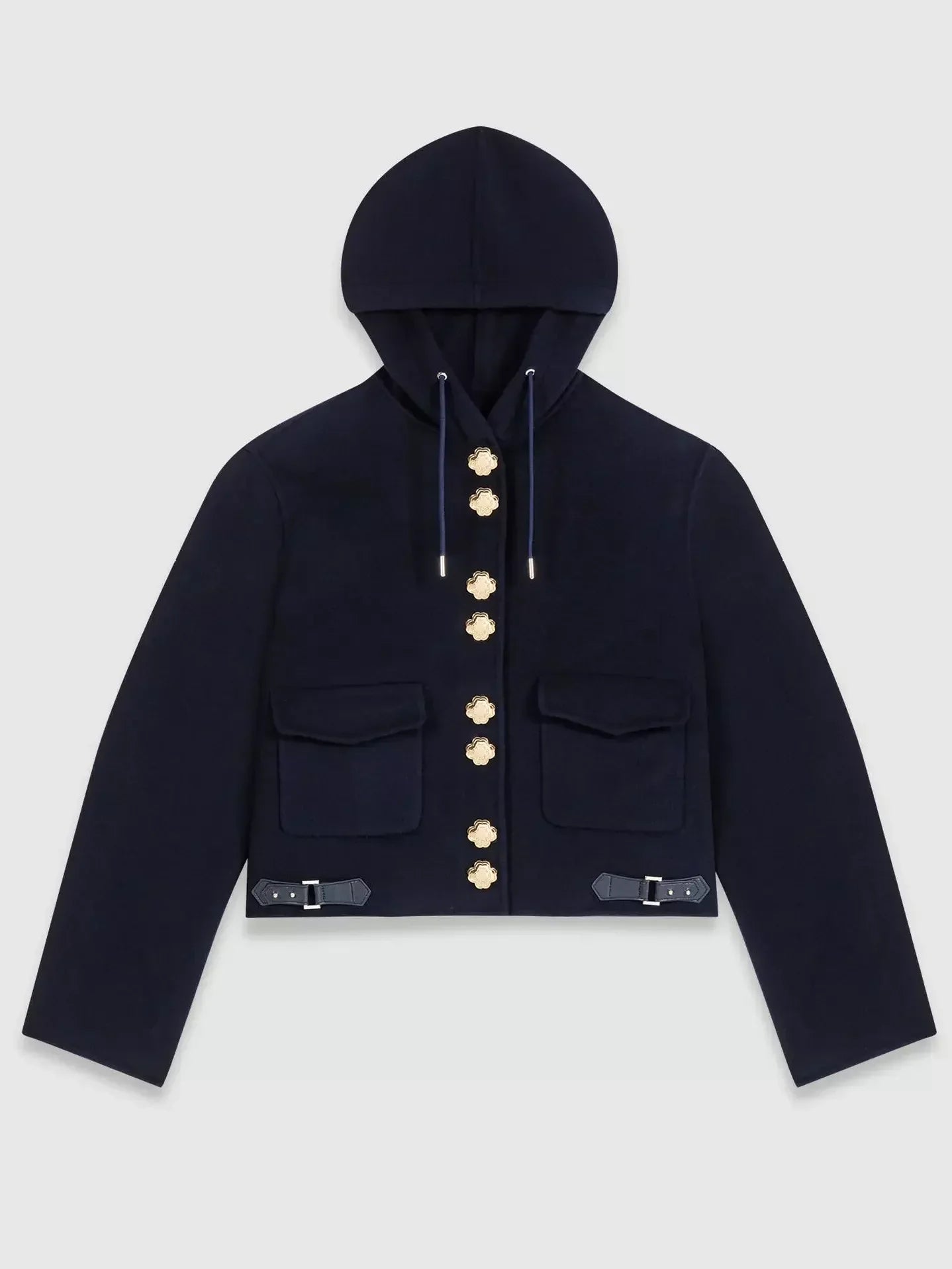 Buckled Cropped Hooded Jacket with Gold Buttons - Jackets