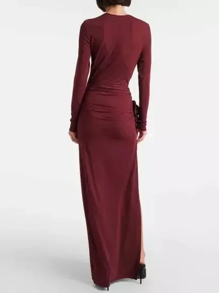 Burgundy Floral-Applique Ruched Jersey Maxi Dress - Dresses
