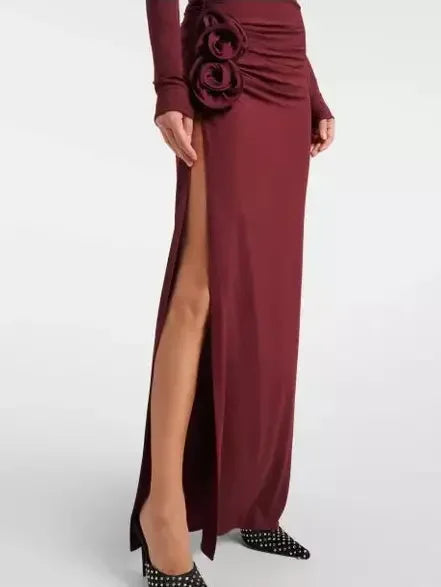 Burgundy Floral-Applique Ruched Jersey Maxi Dress - Dresses