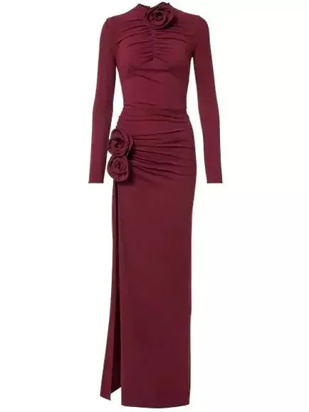 Burgundy Floral-Applique Ruched Jersey Maxi Dress - Dresses