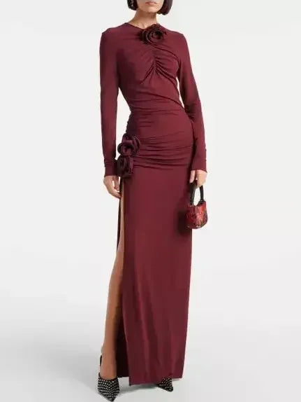 Burgundy Floral-Applique Ruched Jersey Maxi Dress - Dresses