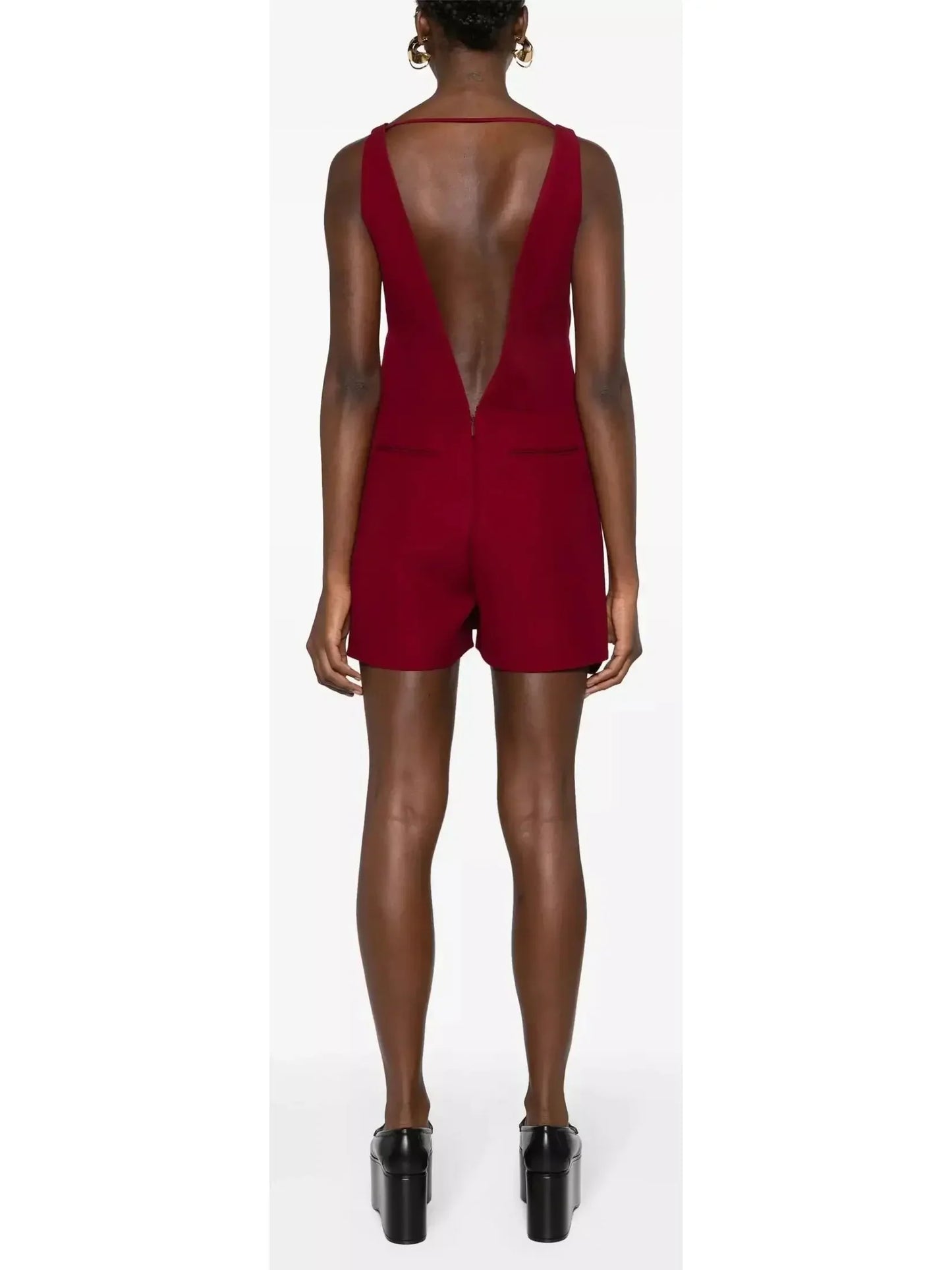 Burgundy Red V-Neck Short Twill Jumpsuit - Suits & Sets