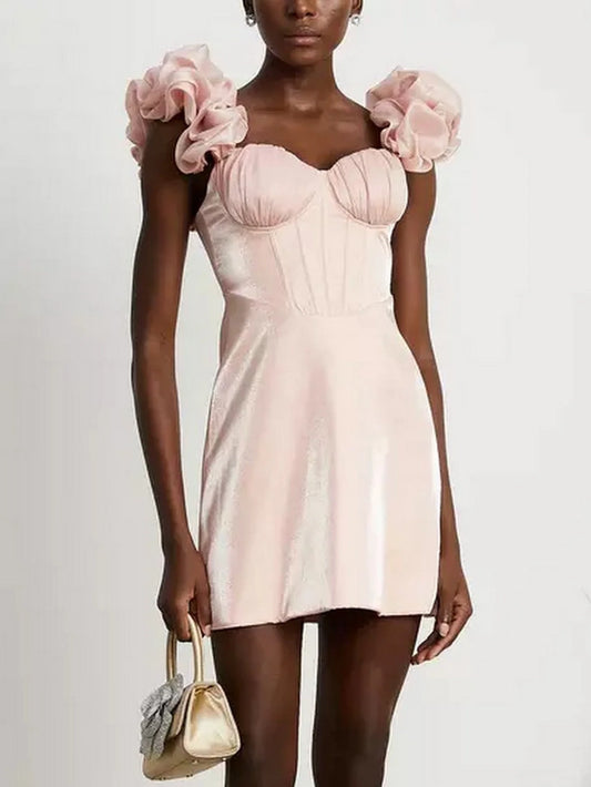 Bustier Corset Pink Mini Dress with Ruffled Shoulder Straps - Dresses