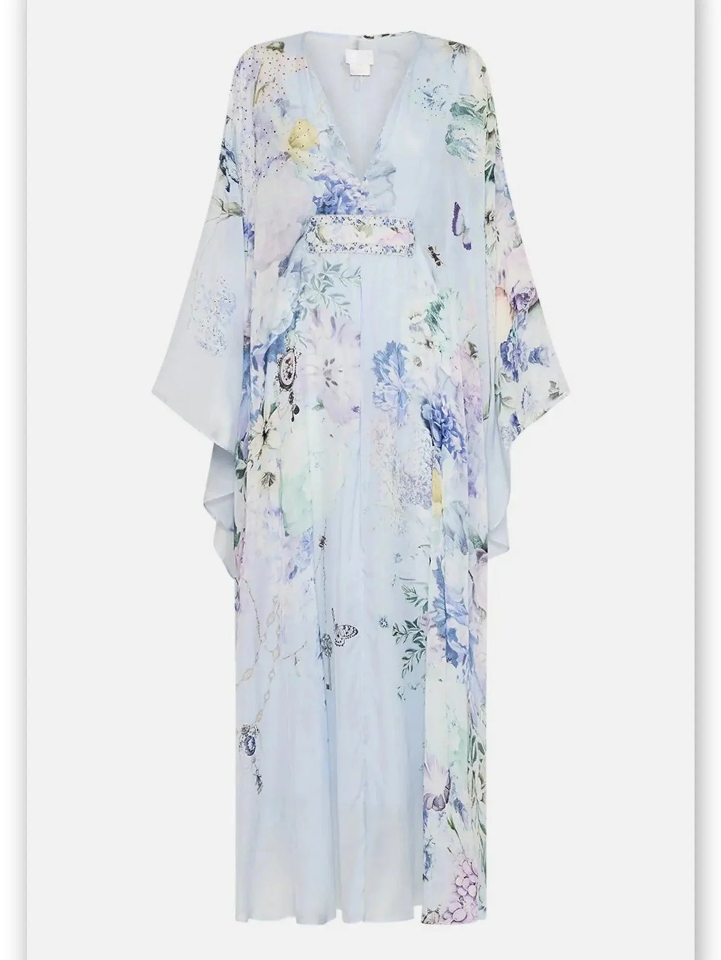 Butterfly and Floral Printed Long Light Blue Kaftan Dress with Waist Detail - Dresses