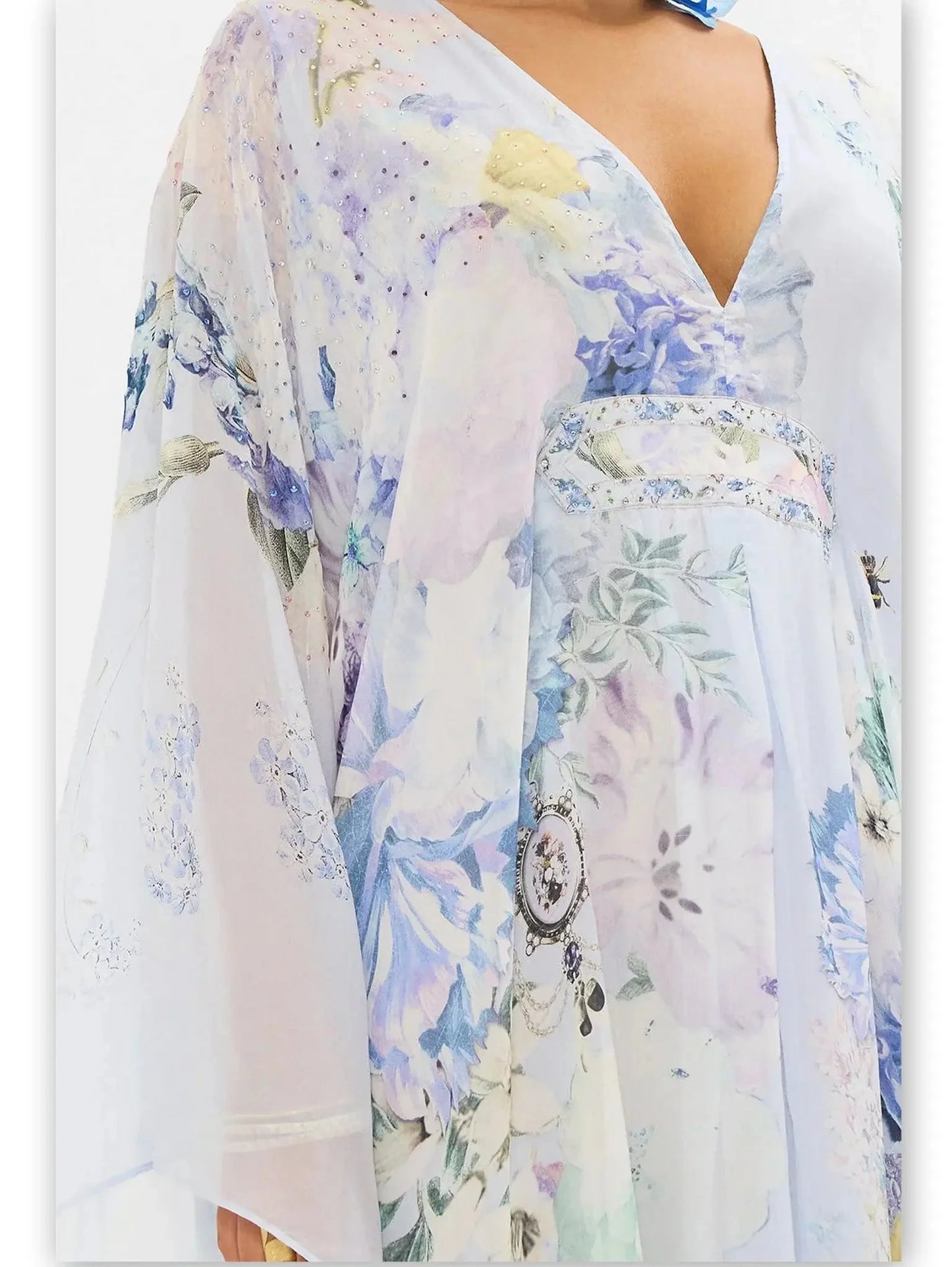 Butterfly and Floral Printed Long Light Blue Kaftan Dress with Waist Detail - Dresses