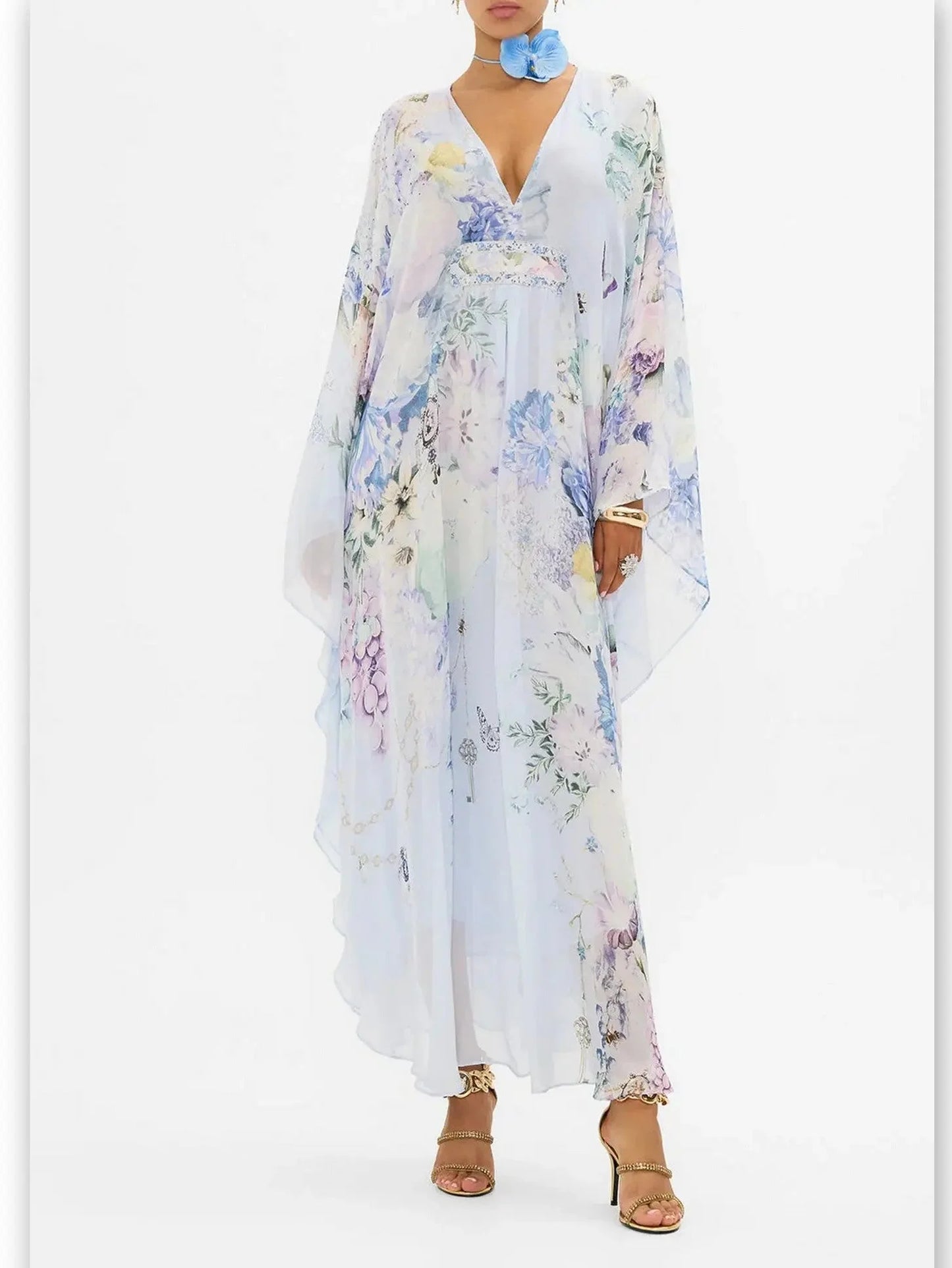 Butterfly and Floral Printed Long Light Blue Kaftan Dress with Waist Detail - Dresses