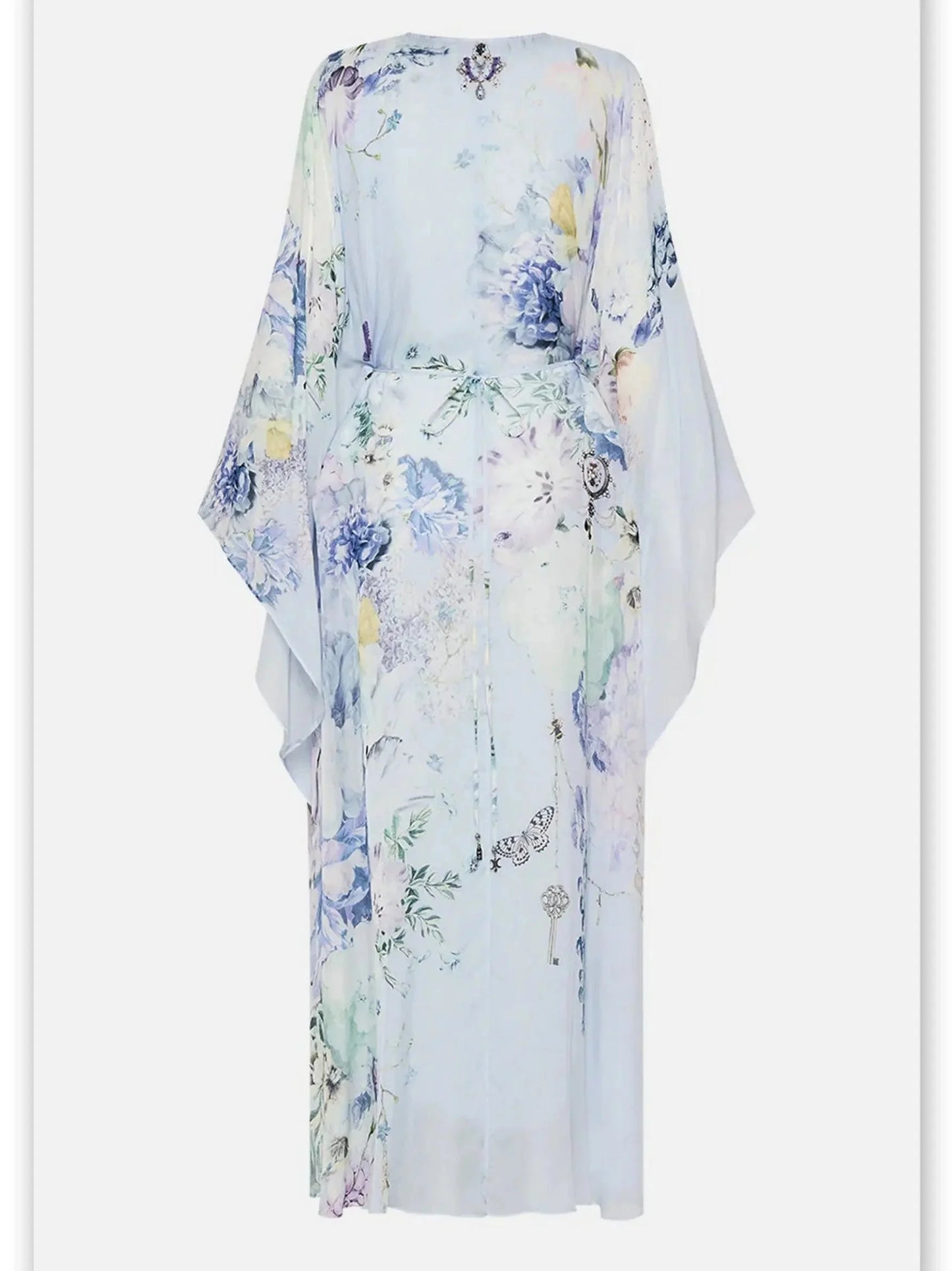 Butterfly and Floral Printed Long Light Blue Kaftan Dress with Waist Detail - Dresses