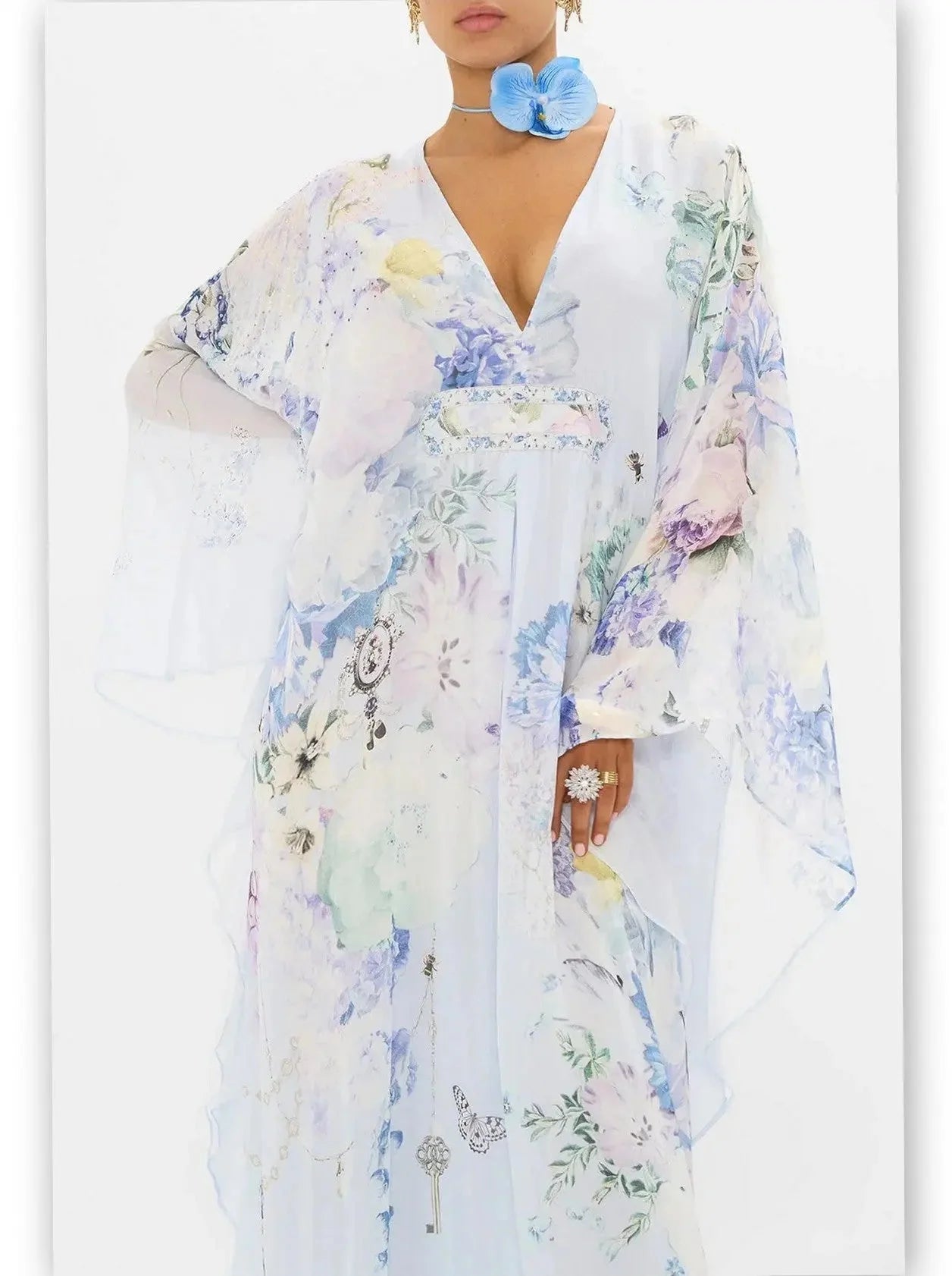 Butterfly and Floral Printed Long Light Blue Kaftan Dress with Waist Detail - Dresses