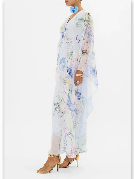 Butterfly and Floral Printed Long Light Blue Kaftan Dress with Waist Detail - Dresses