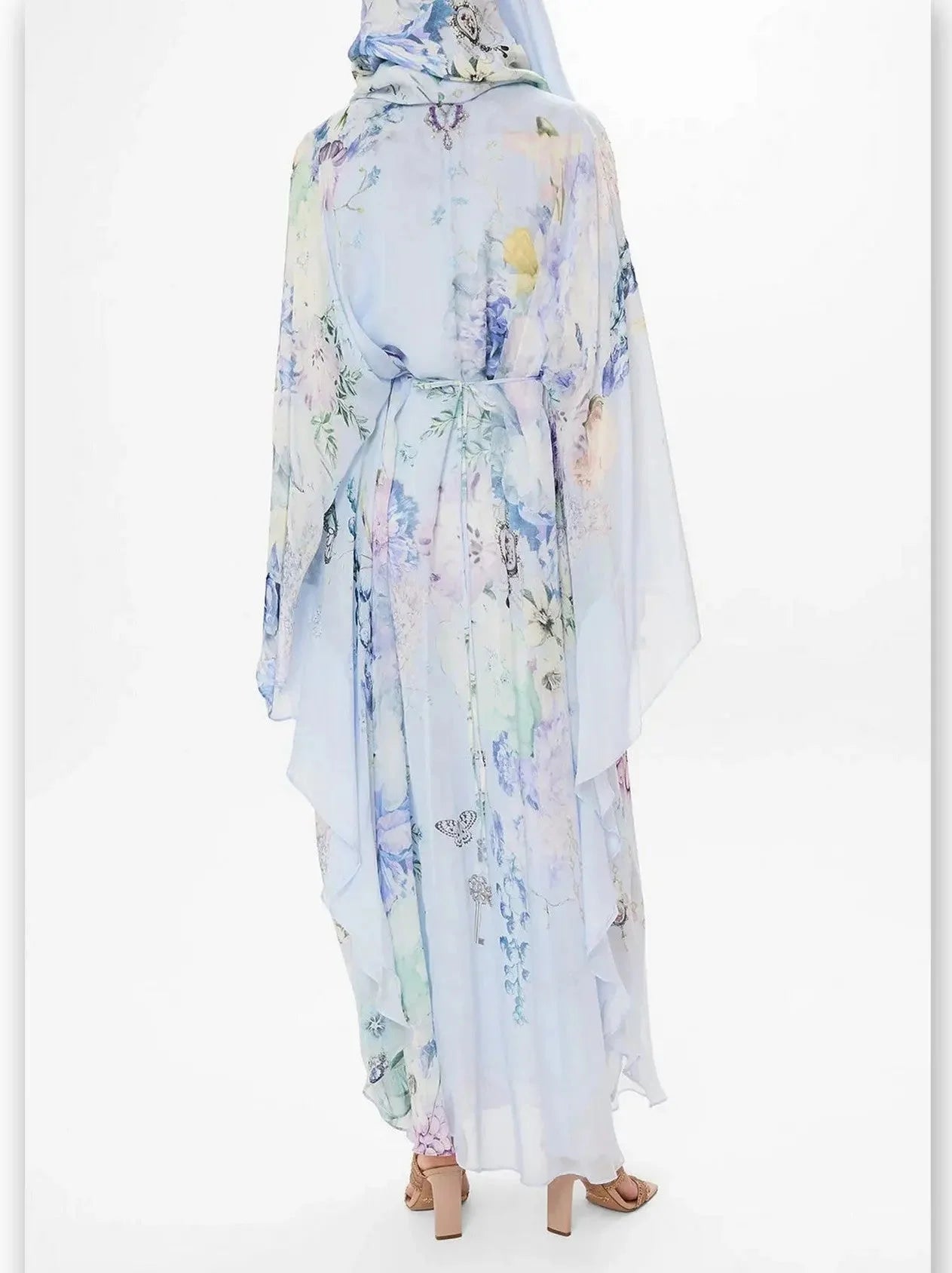 Butterfly and Floral Printed Long Light Blue Kaftan Dress with Waist Detail - Dresses