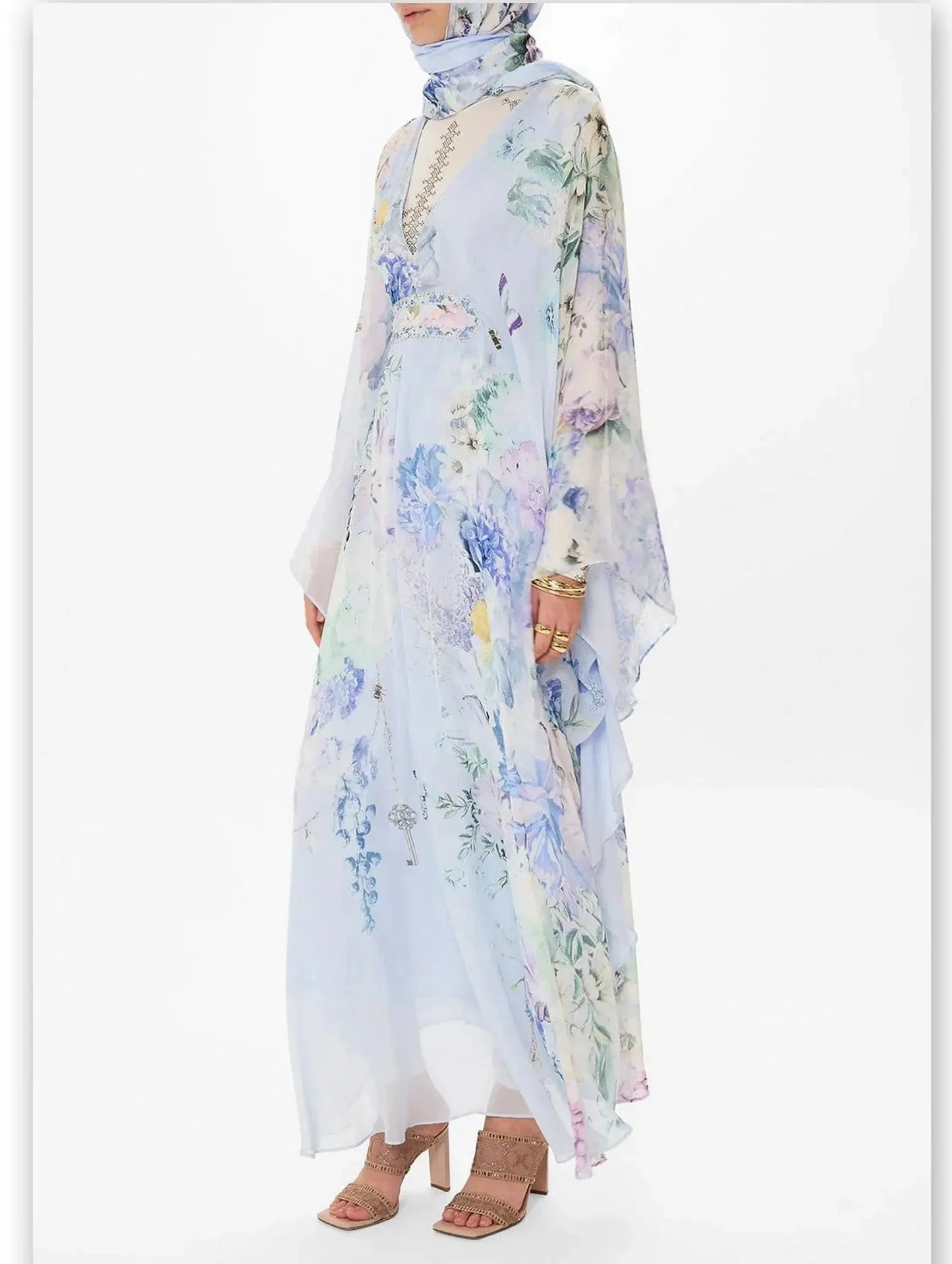 Butterfly and Floral Printed Long Light Blue Kaftan Dress with Waist Detail - Dresses