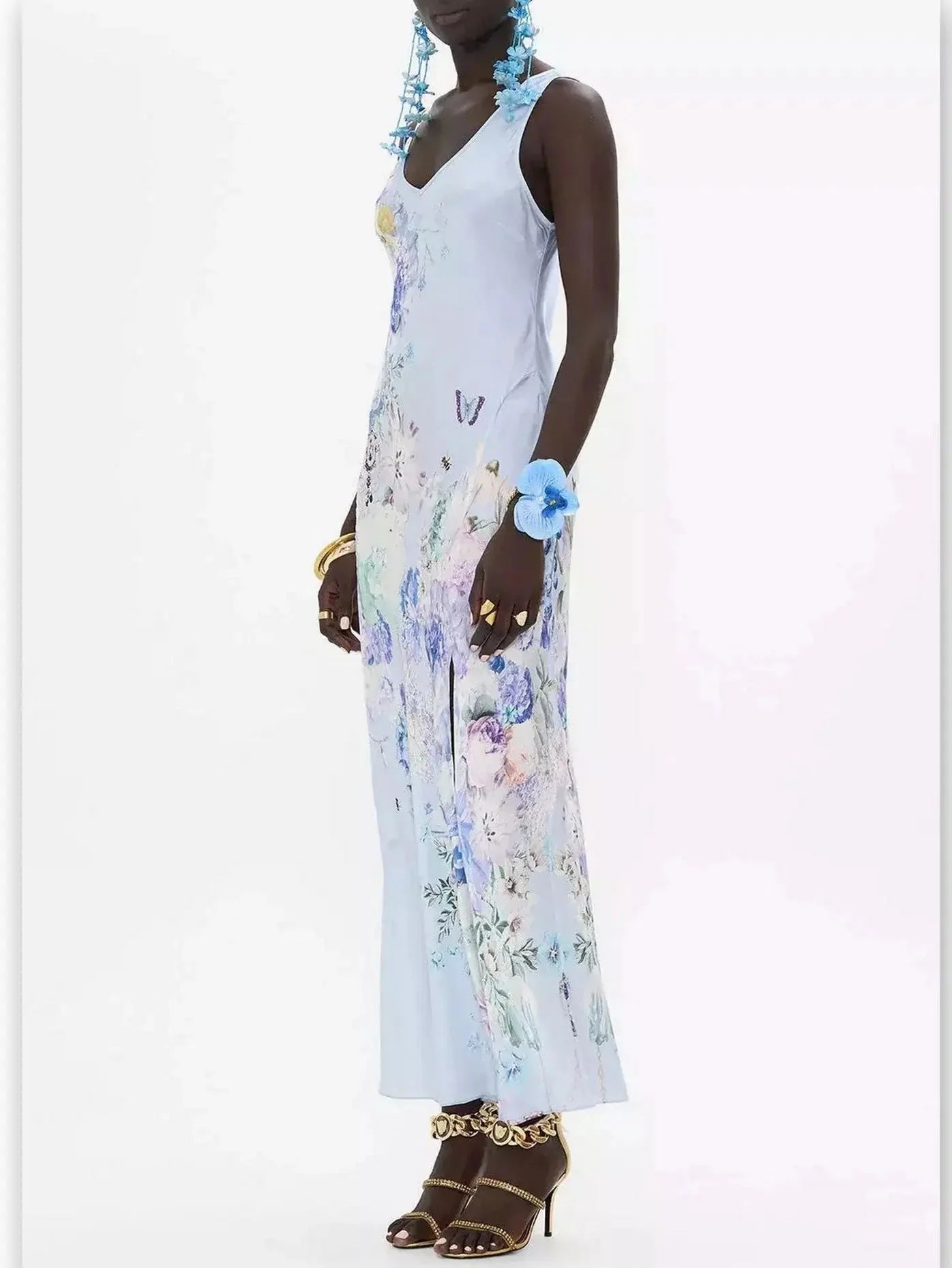 Butterfly and Floral Printed Long Silk Slip Tank Dress in Light Blue - Dresses