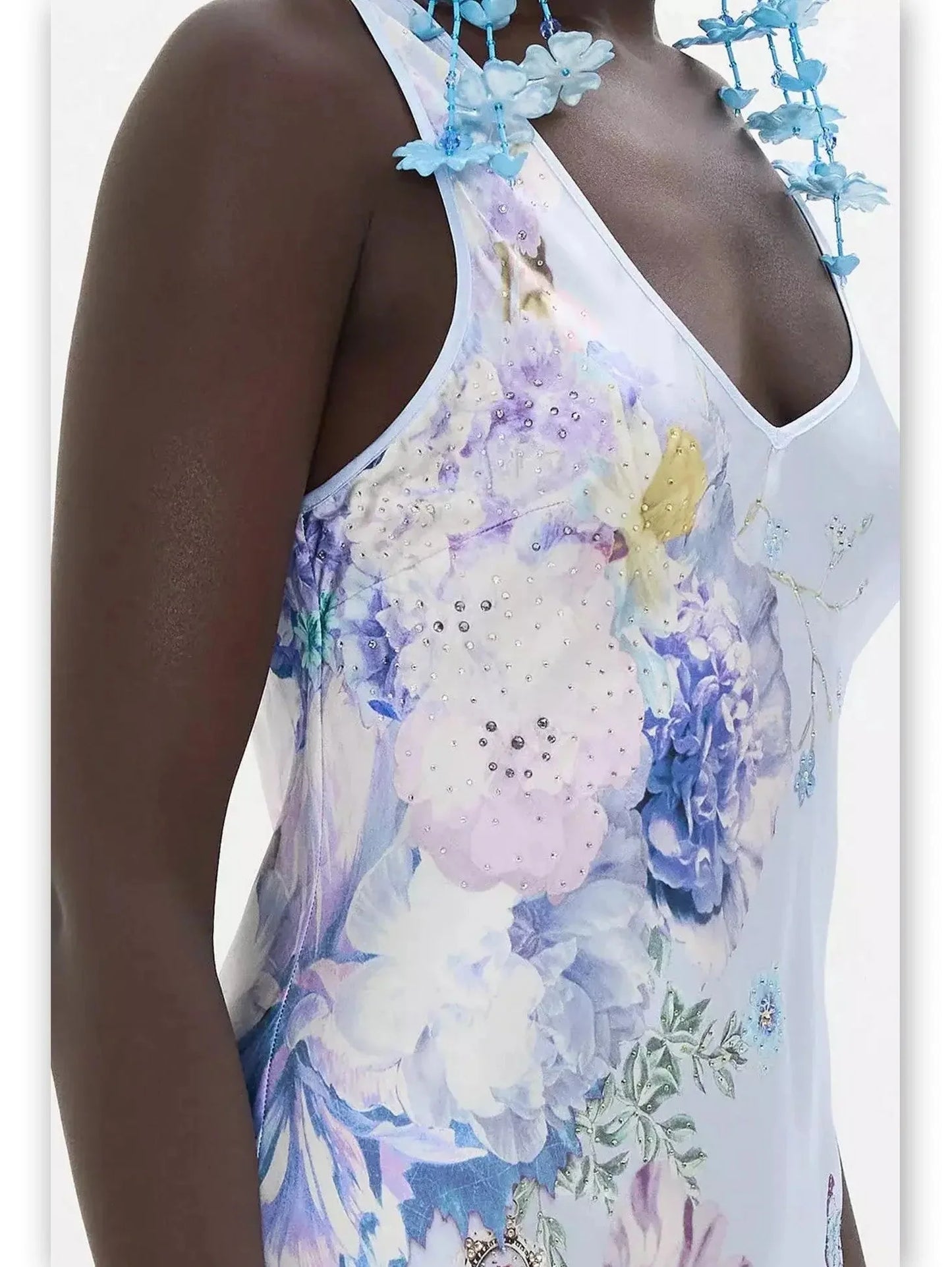 Butterfly and Floral Printed Long Silk Slip Tank Dress in Light Blue - Dresses