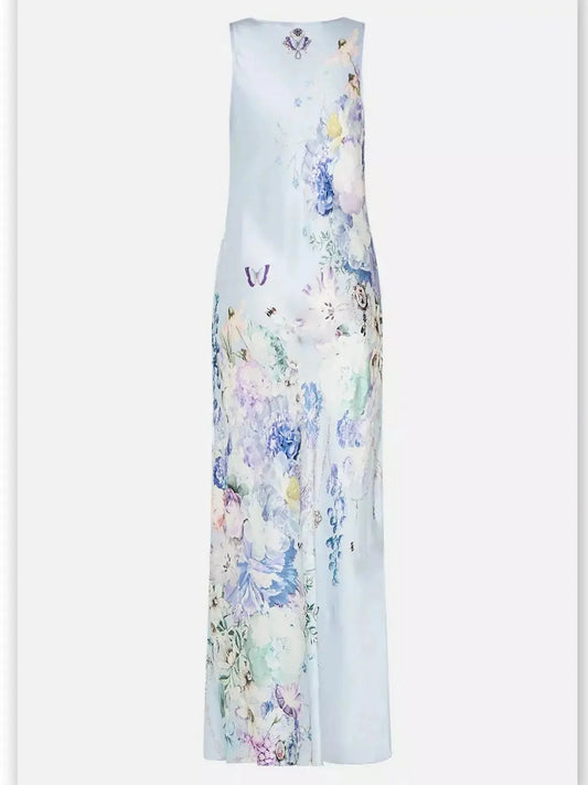 Butterfly and Floral Printed Long Silk Slip Tank Dress in Light Blue - Dresses
