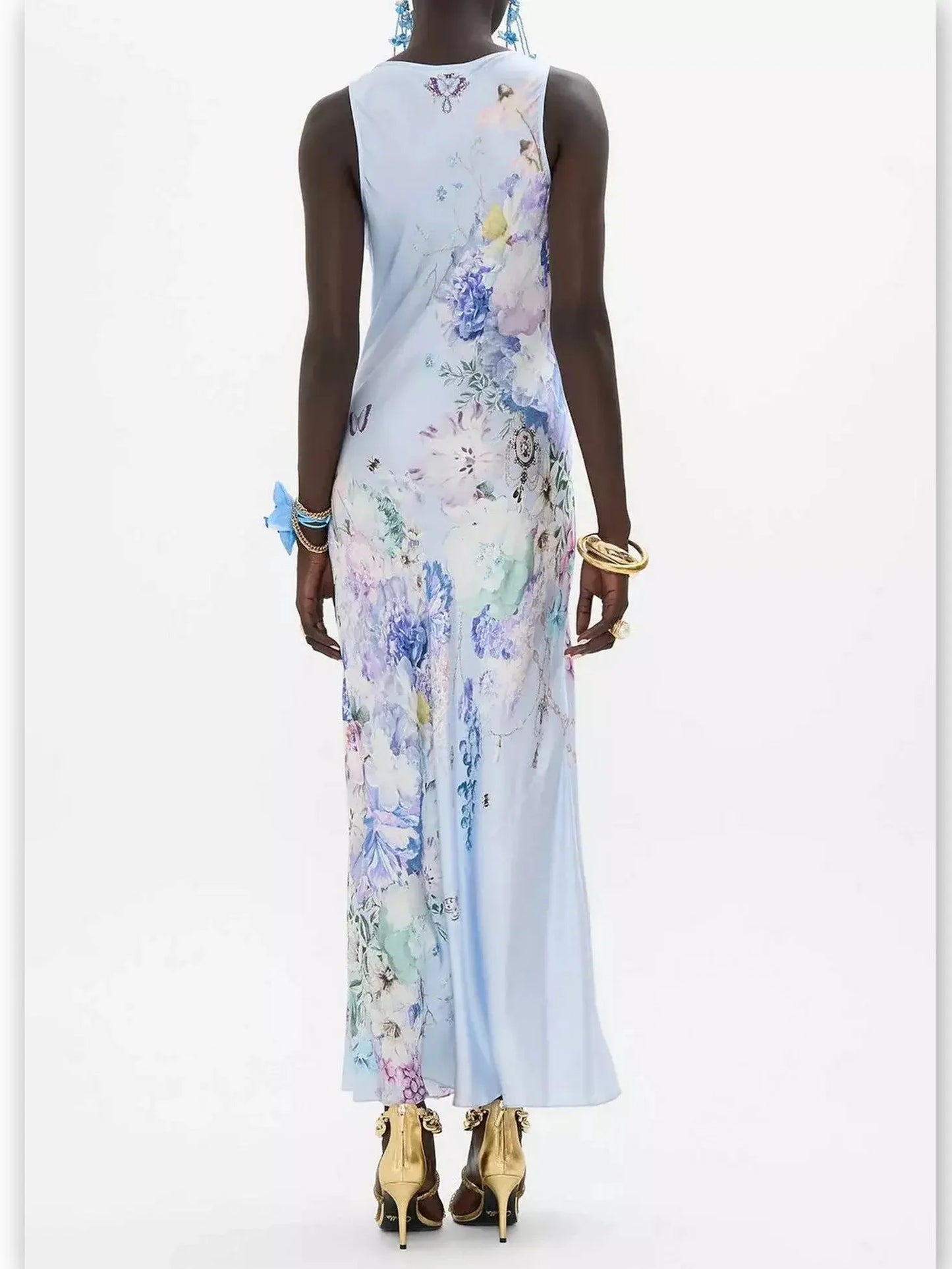 Butterfly and Floral Printed Long Silk Slip Tank Dress in Light Blue - Dresses
