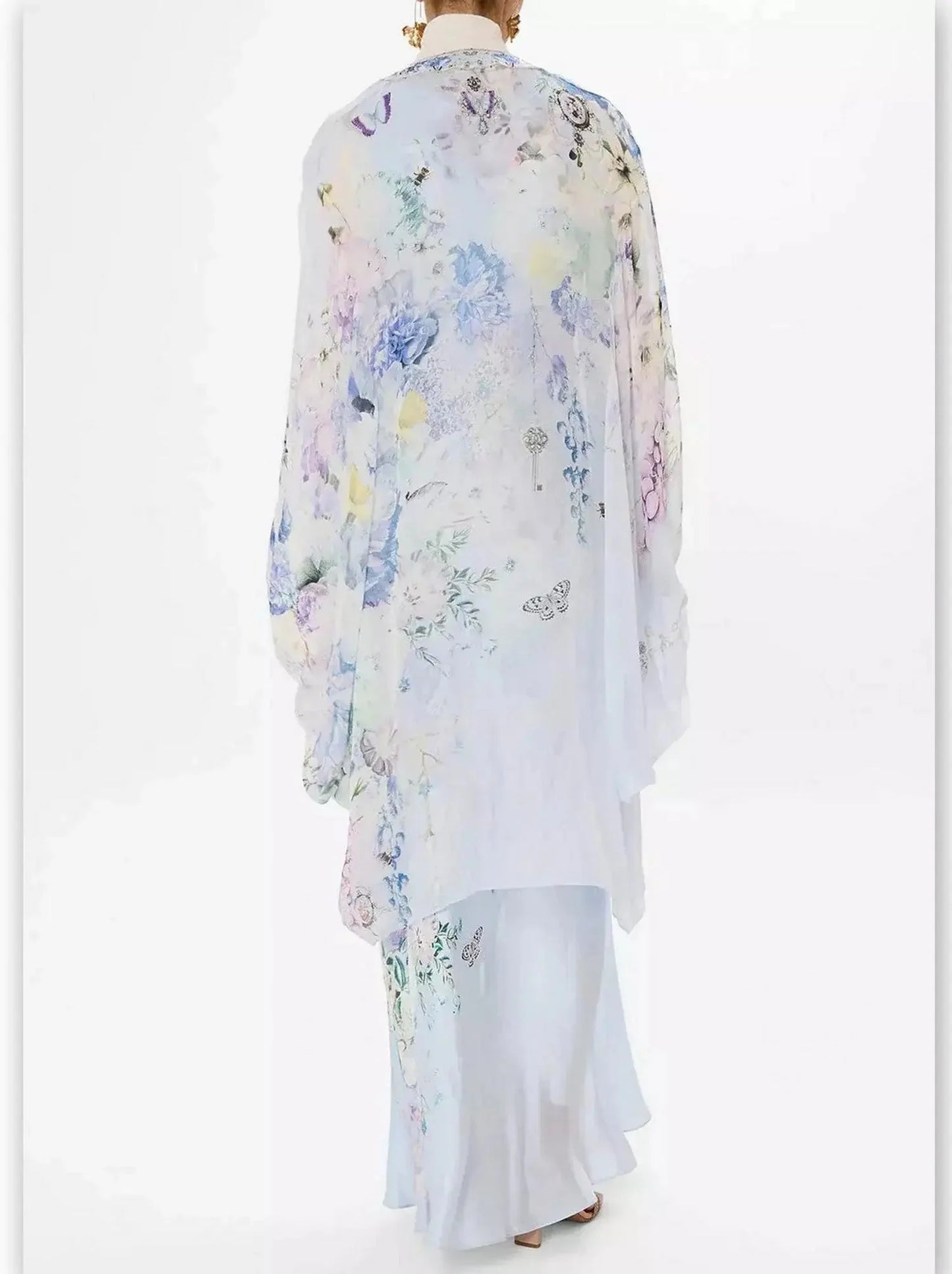 Butterfly and Floral Printed Long Silk Slip Tank Dress in Light Blue - Dresses