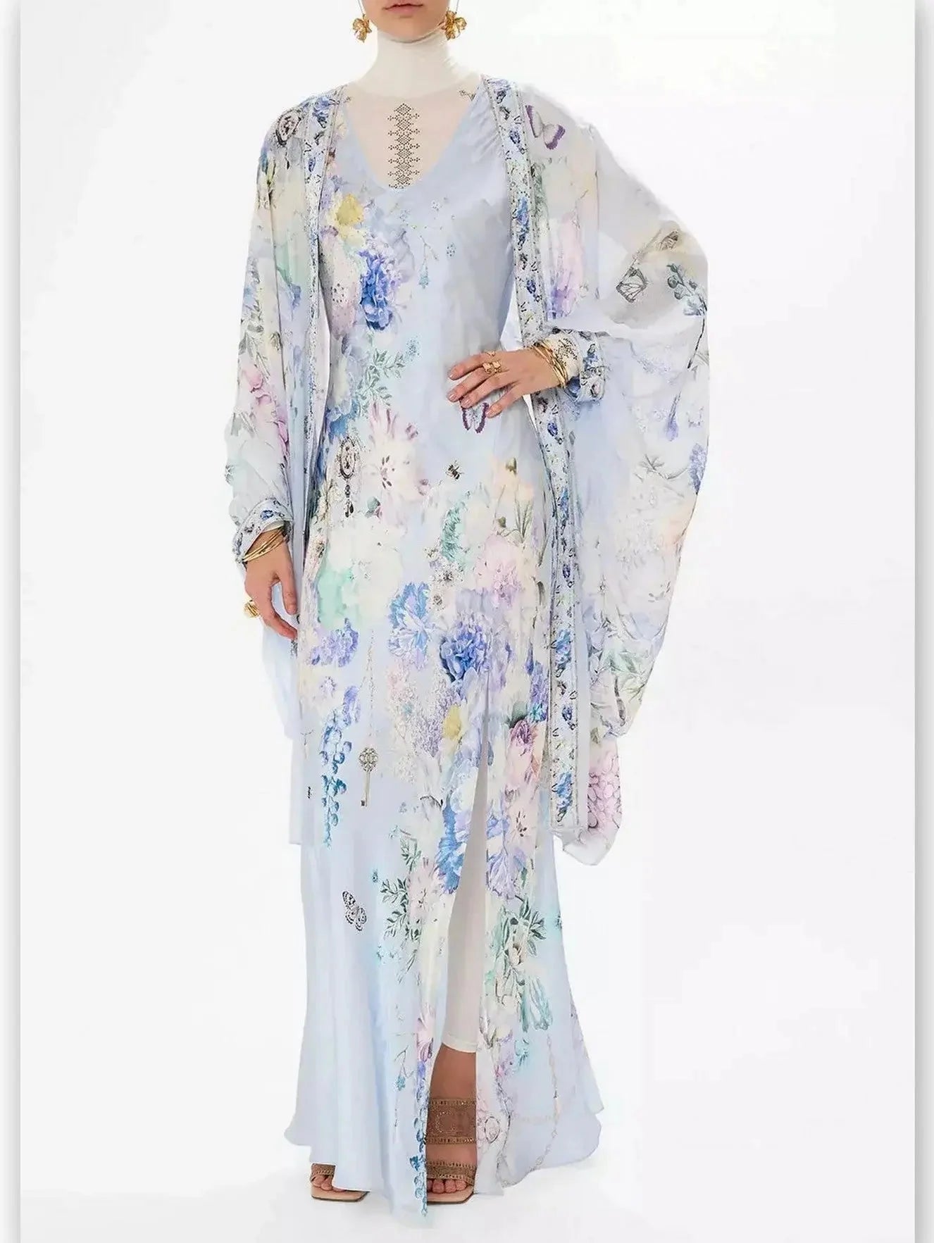 Butterfly and Floral Printed Long Silk Slip Tank Dress in Light Blue - Dresses