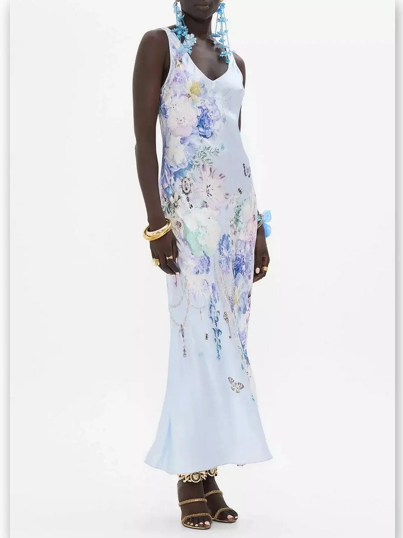Butterfly and Floral Printed Long Silk Slip Tank Dress in Light Blue - Dresses