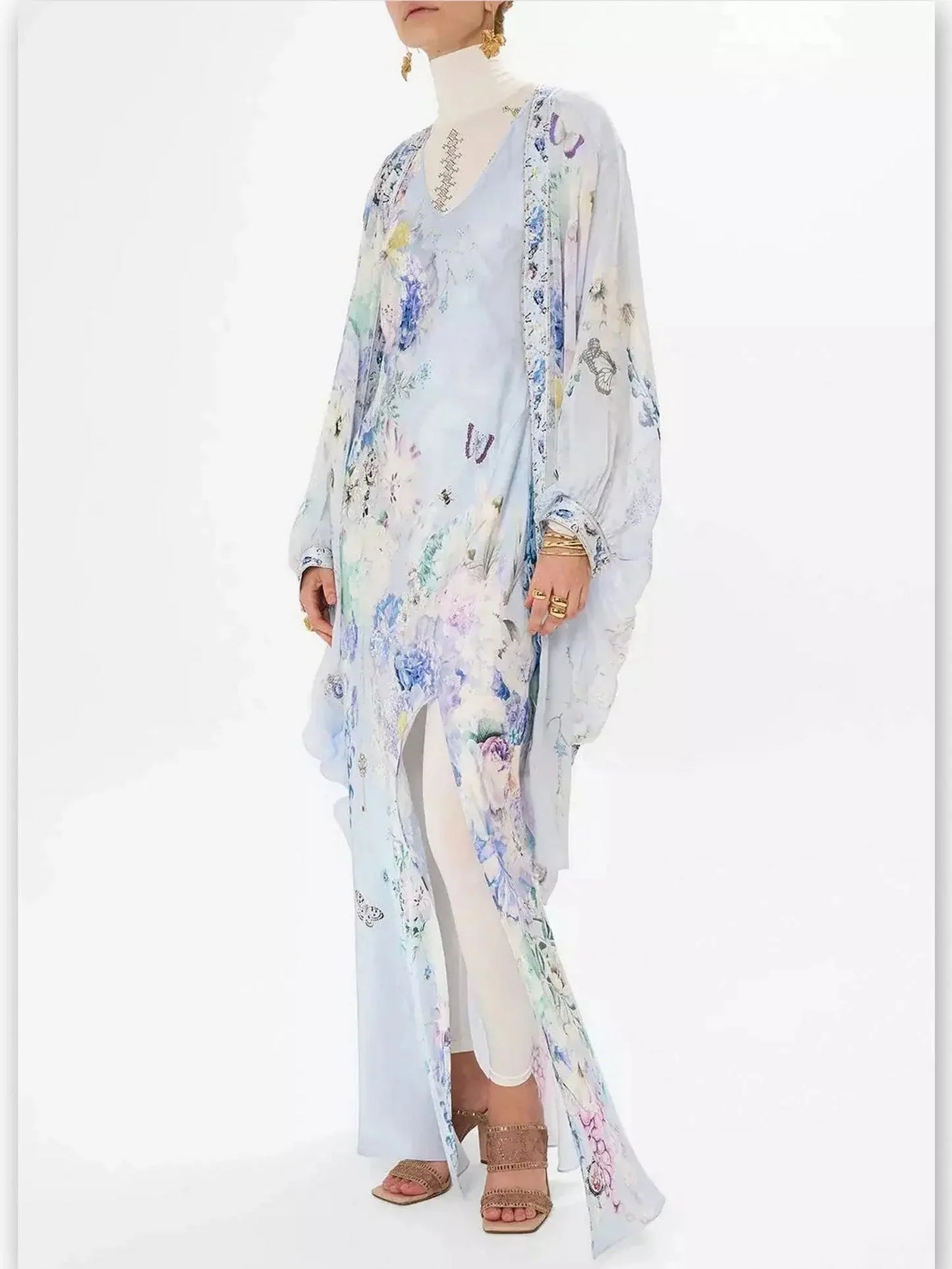 Butterfly and Floral Printed Long Silk Slip Tank Dress in Light Blue - Dresses