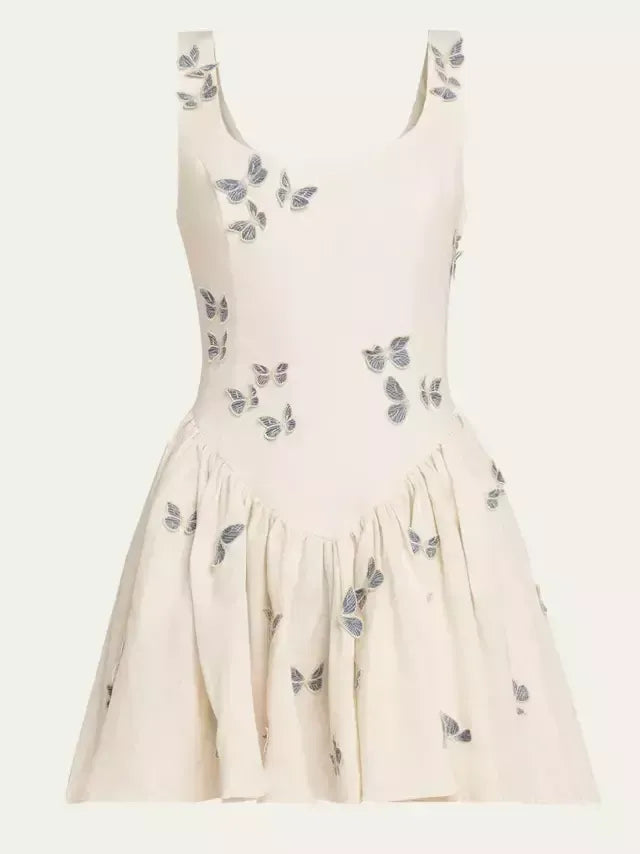 Butterfly Appliqued Fit and Flare Mini Dress - Dresses