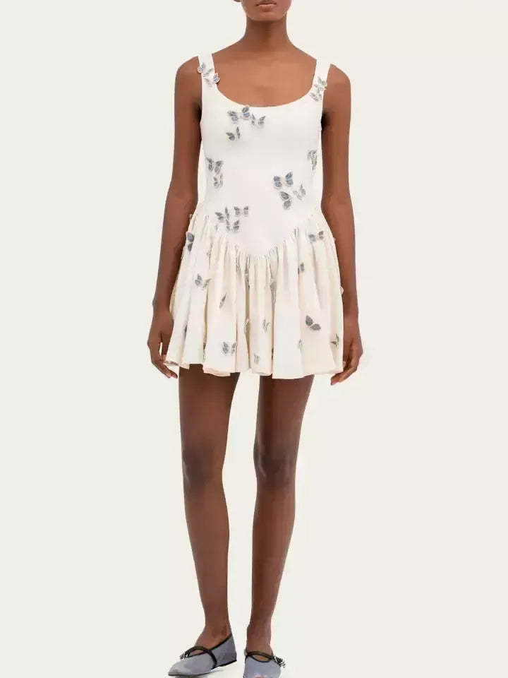 Butterfly Appliqued Fit and Flare Mini Dress - Dresses