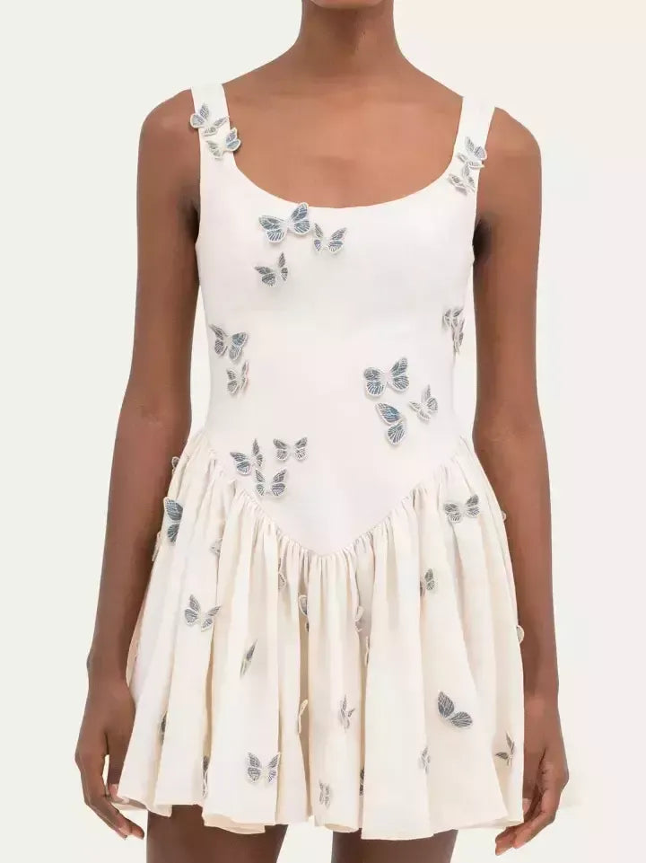 Butterfly Appliqued Fit and Flare Mini Dress - Dresses
