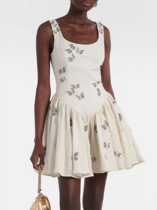Butterfly Appliqued Fit and Flare Mini Dress - Dresses