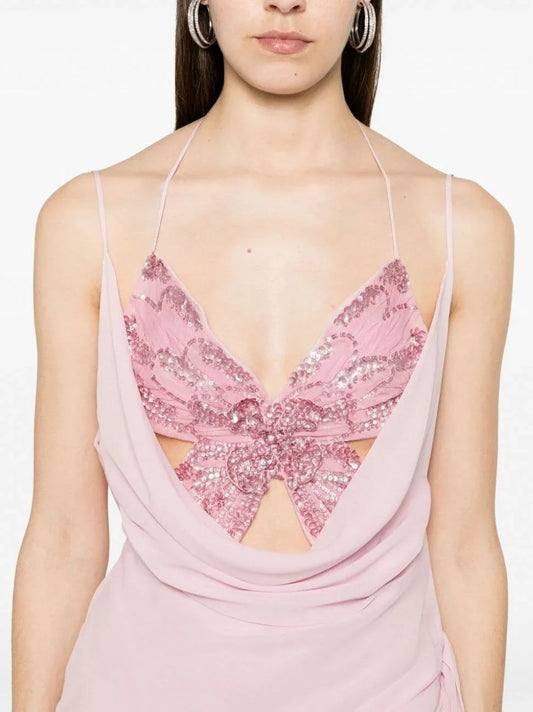 Butterfly-Embellished Draped Silk Mini Dress in Pink - Dresses