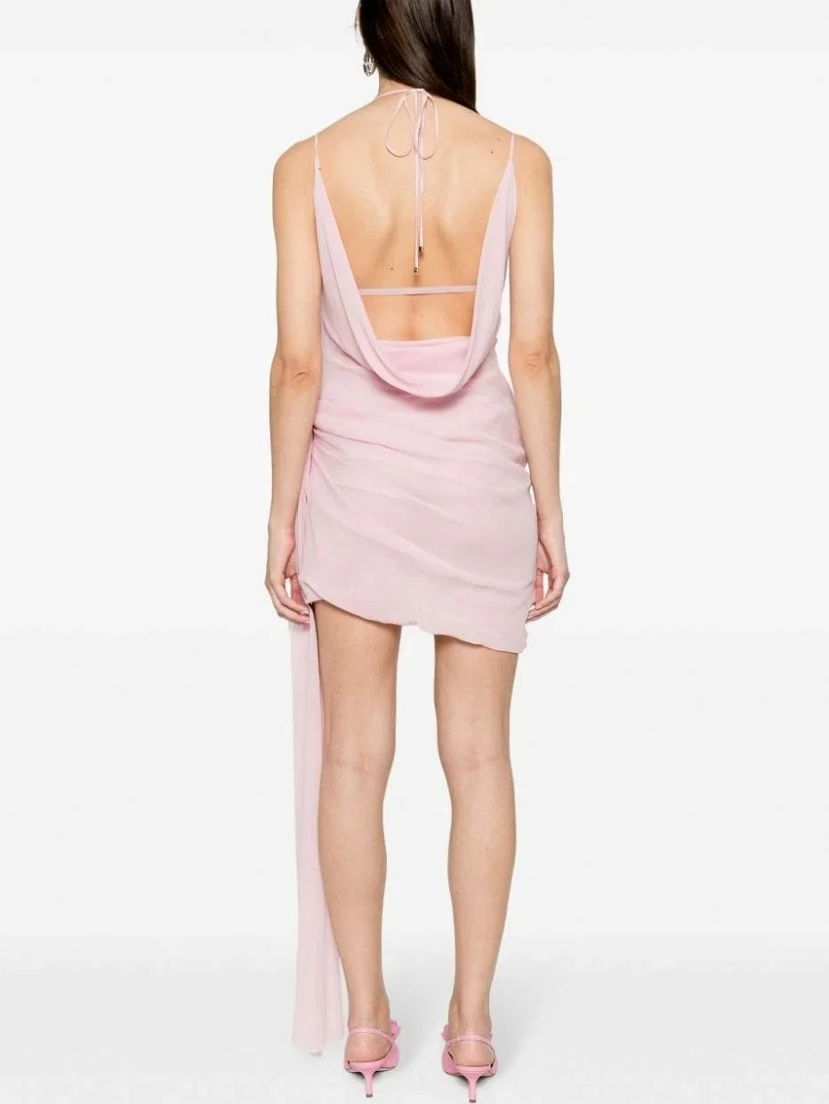 Butterfly-Embellished Draped Silk Mini Dress in Pink - Dresses