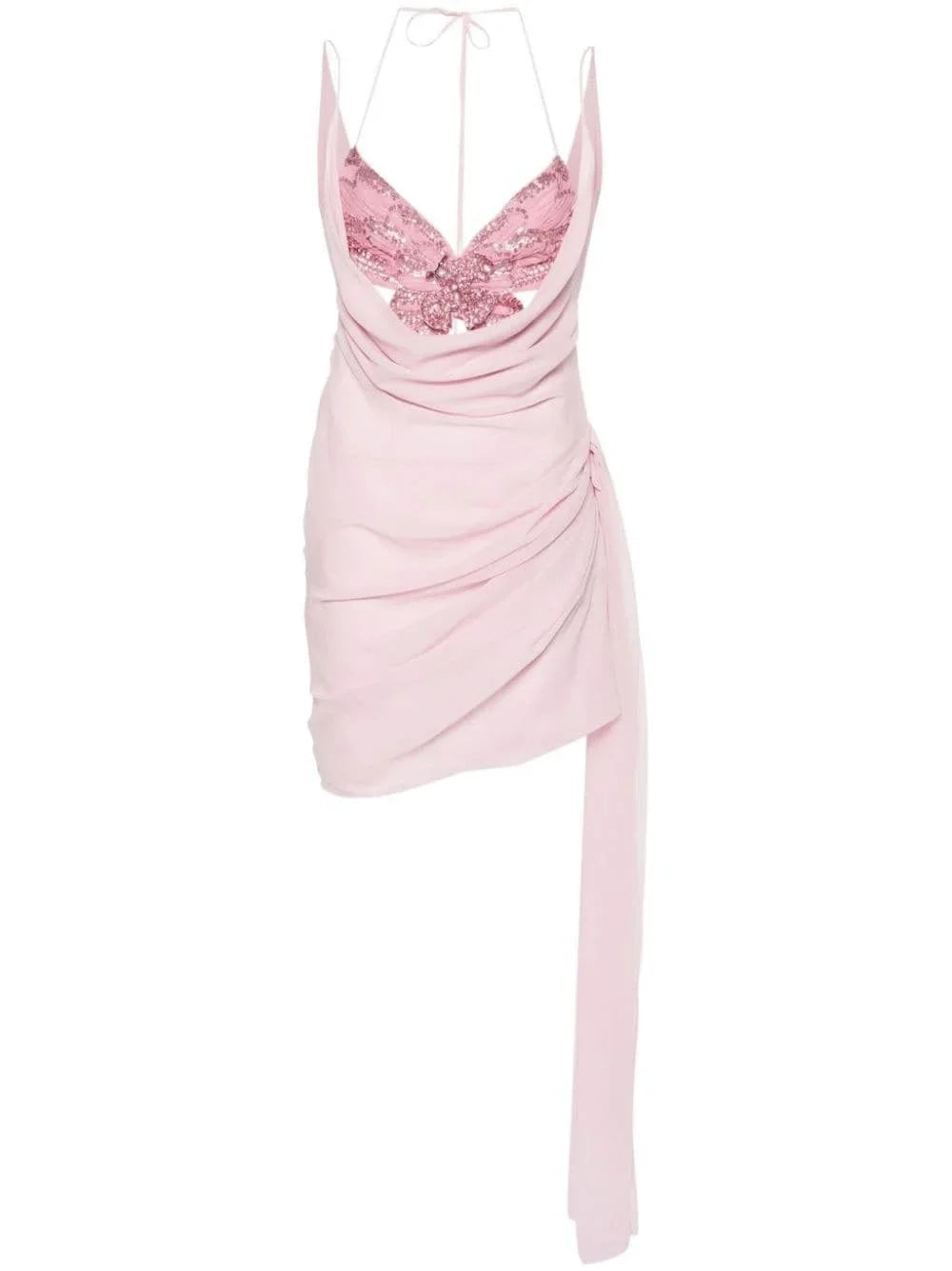 Butterfly-Embellished Draped Silk Mini Dress in Pink - Dresses