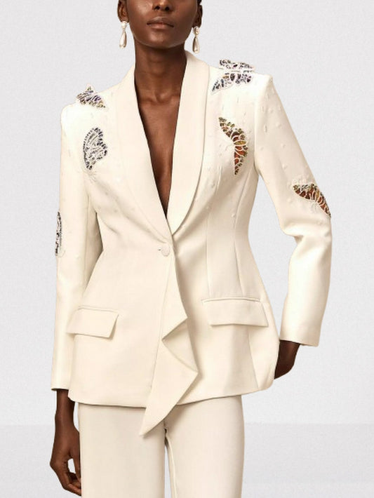 Butterfly Embroidered Blazer and Wide-Leg Pant Suit - Suits & Sets