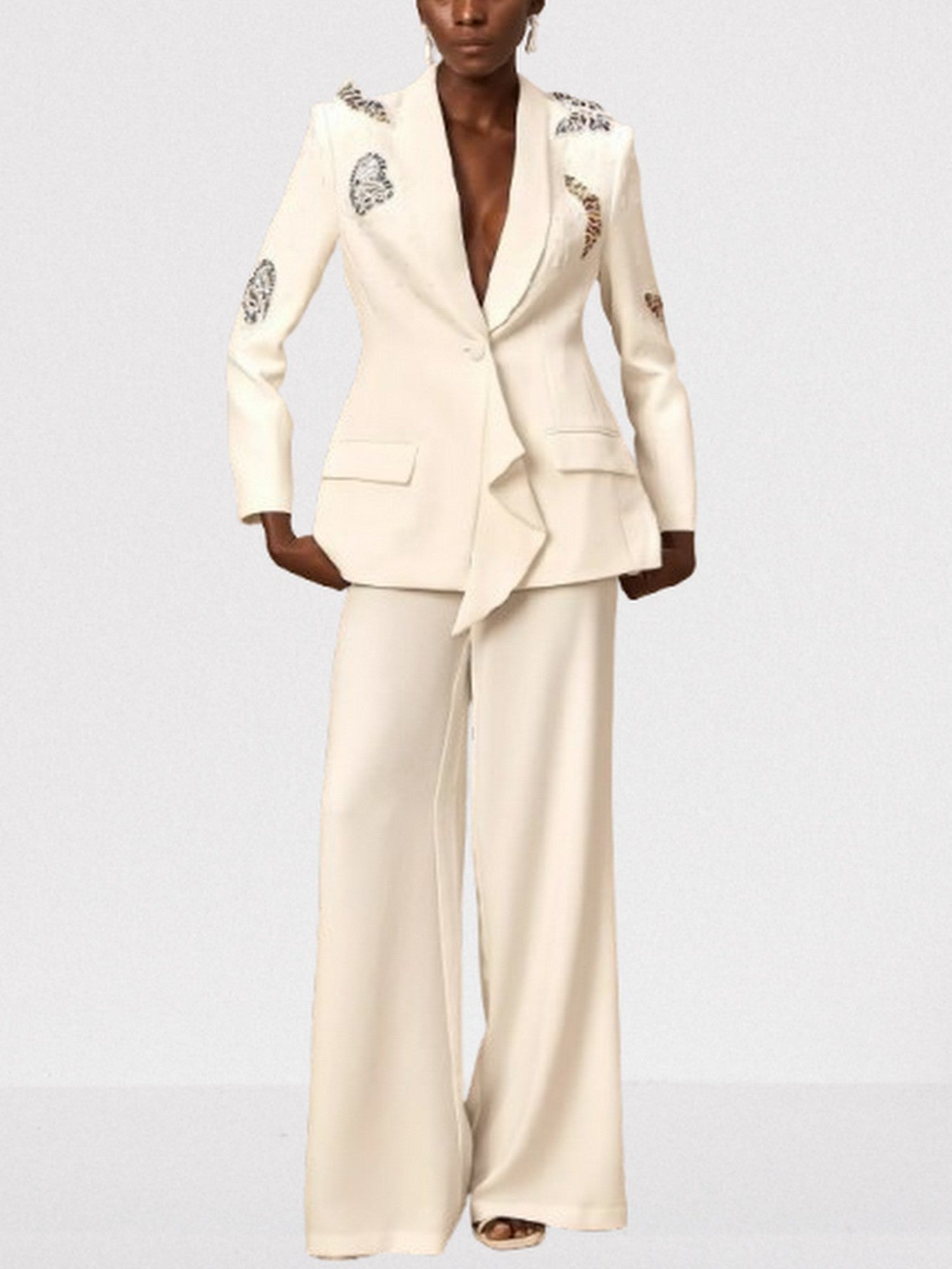 Butterfly Embroidered Blazer and Wide-Leg Pant Suit - Suits & Sets