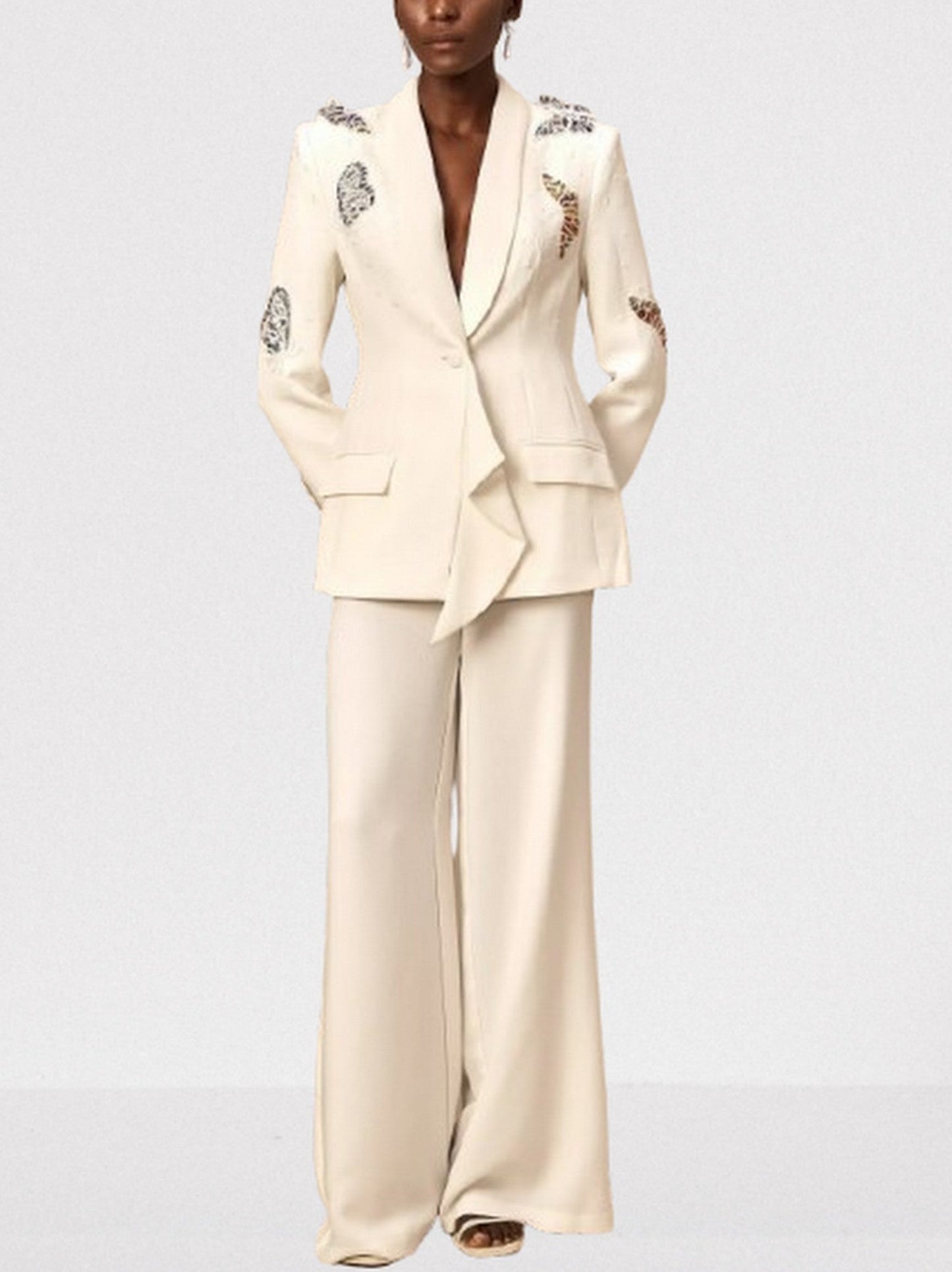 Butterfly Embroidered Blazer and Wide-Leg Pant Suit - Suits & Sets