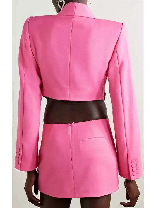 Butterfly-Embroidered Cropped Blazer and Mini Skirt Set in Pink - Suits & Sets