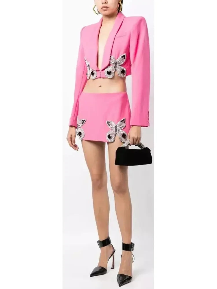 Butterfly-Embroidered Cropped Blazer and Mini Skirt Set in Pink - Suits & Sets