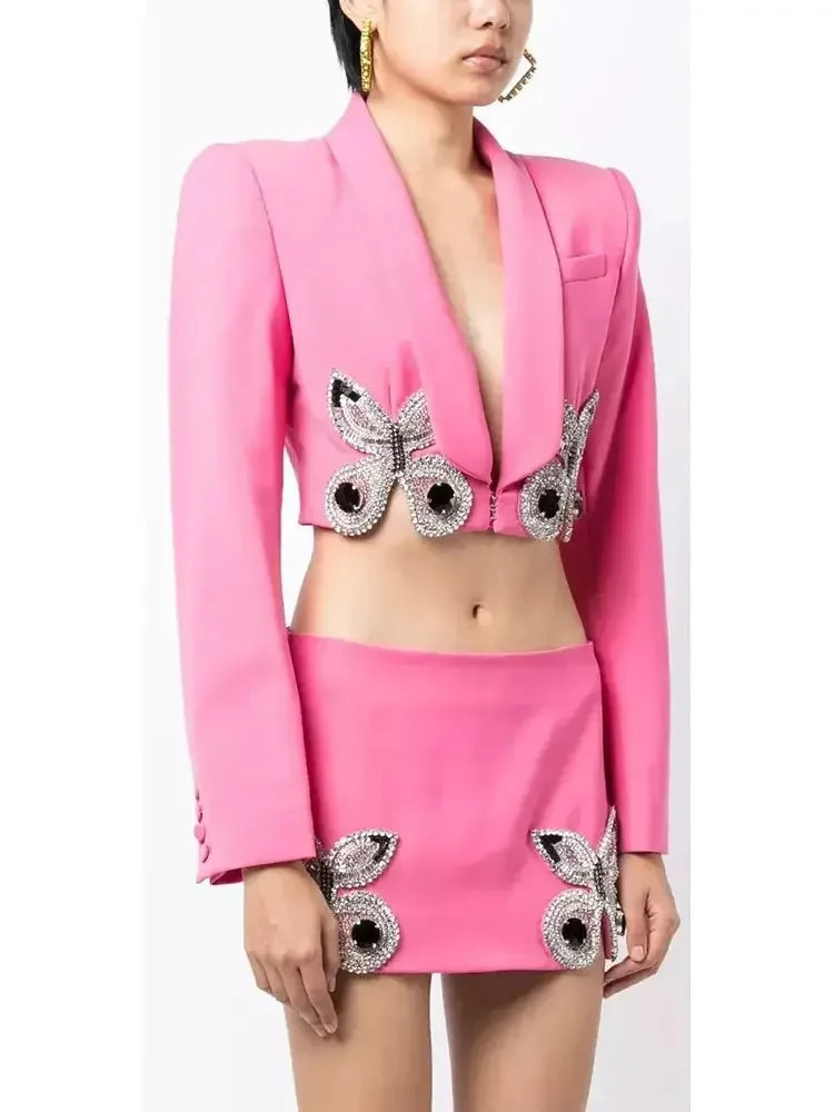 Butterfly-Embroidered Cropped Blazer and Mini Skirt Set in Pink - Suits & Sets