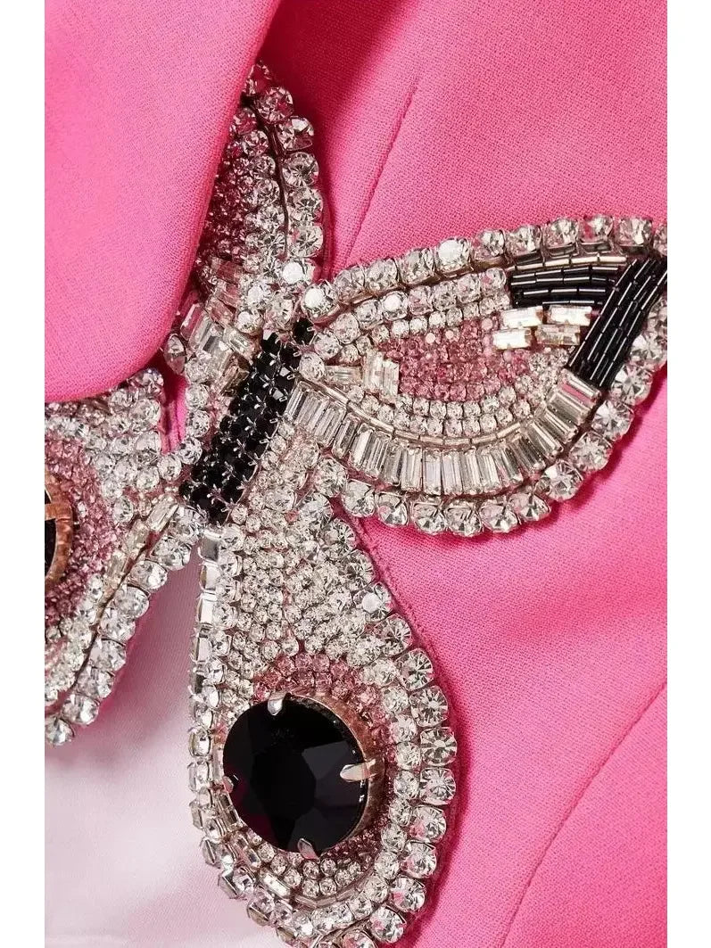 Butterfly-Embroidered Cropped Blazer and Mini Skirt Set in Pink - Suits & Sets