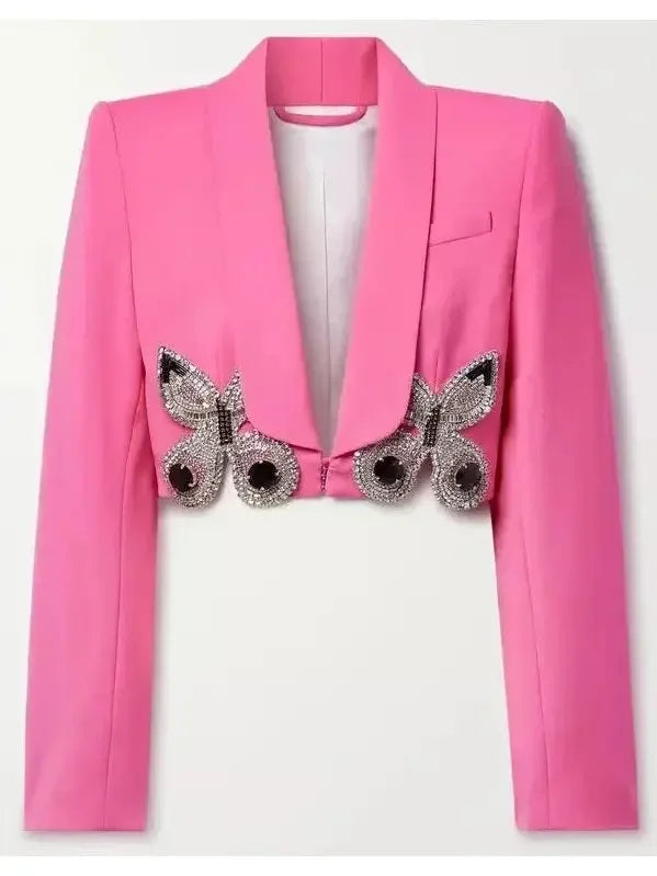 Butterfly-Embroidered Cropped Blazer and Mini Skirt Set in Pink - Suits & Sets
