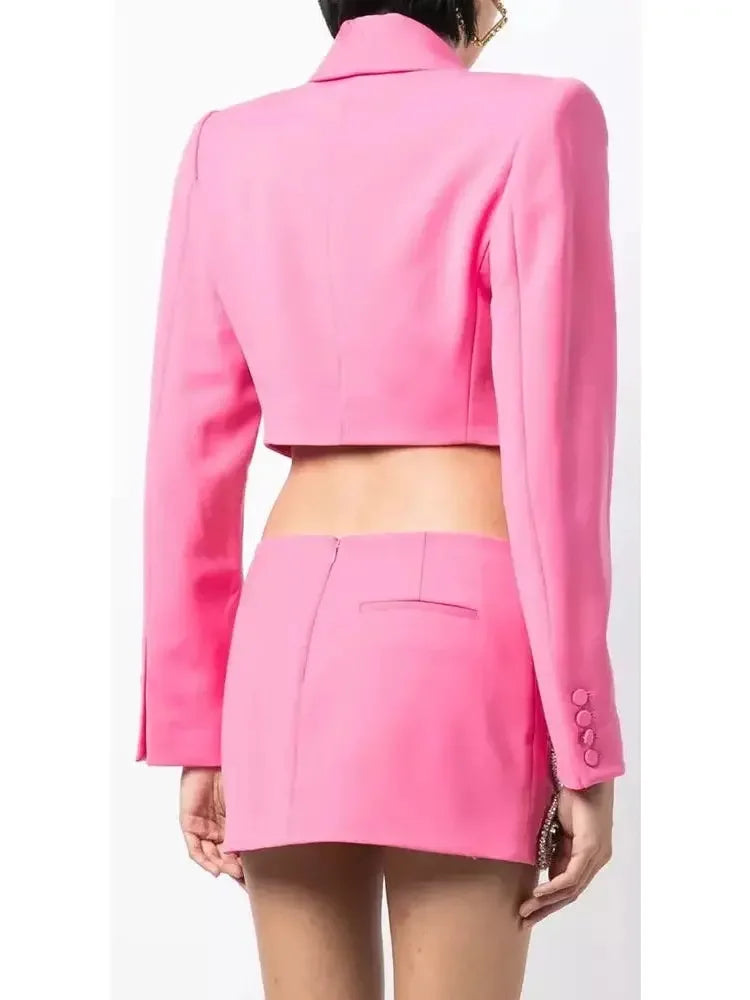 Butterfly-Embroidered Cropped Blazer and Mini Skirt Set in Pink - Suits & Sets