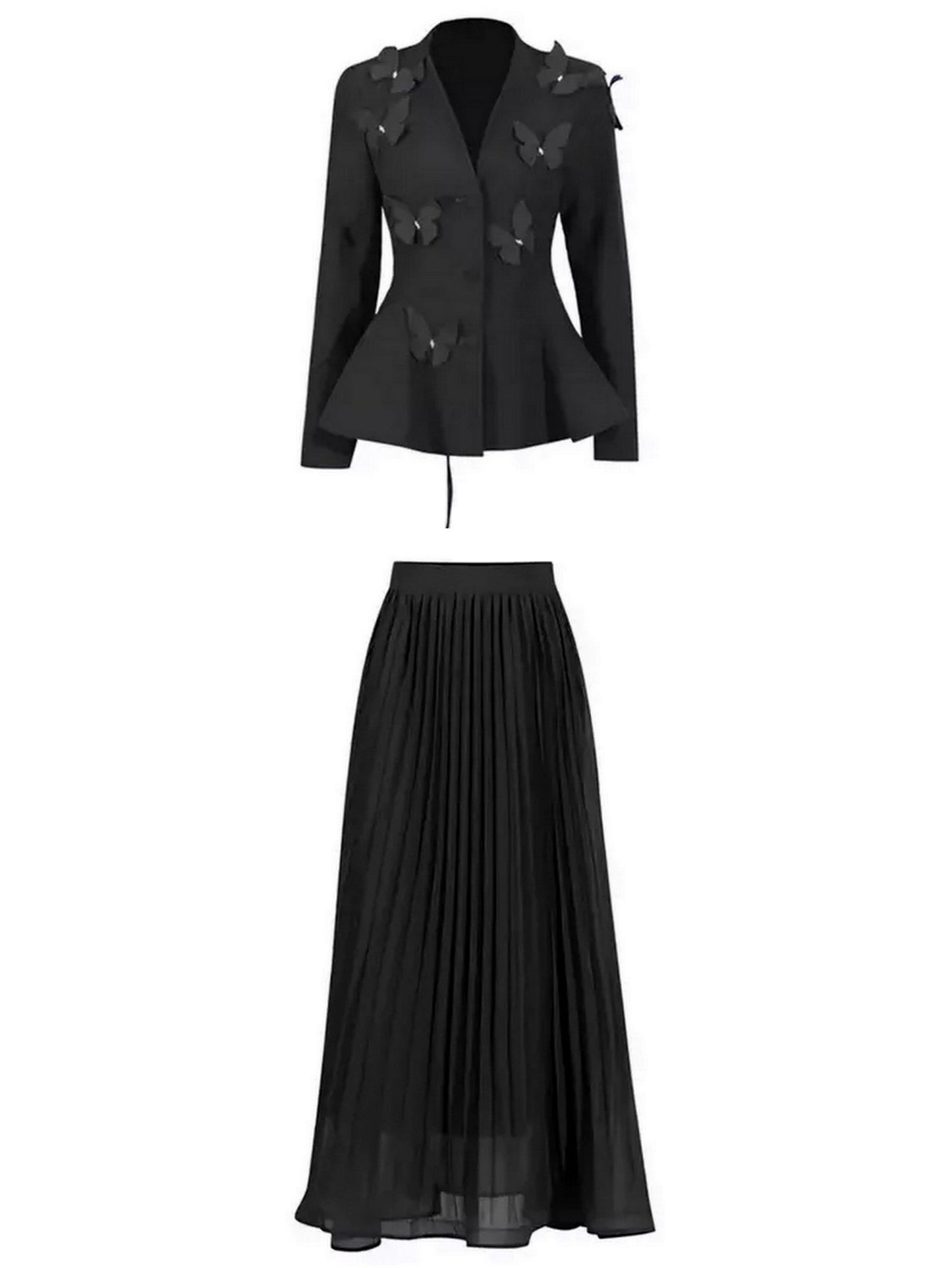 Black butterfly embroidered blazer and pleated skirt set for stylish outfits