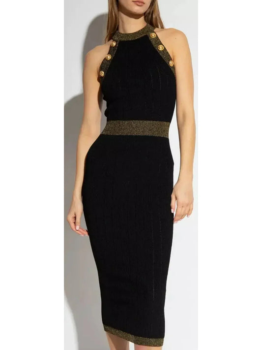 Button-Detailed Halter-Neck Knitted Midi Dress Black - Dresses