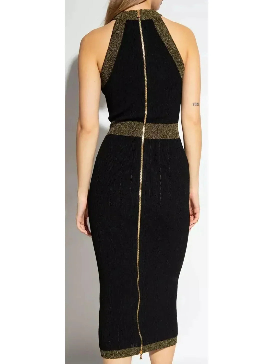 Button-Detailed Halter-Neck Knitted Midi Dress Black - Dresses