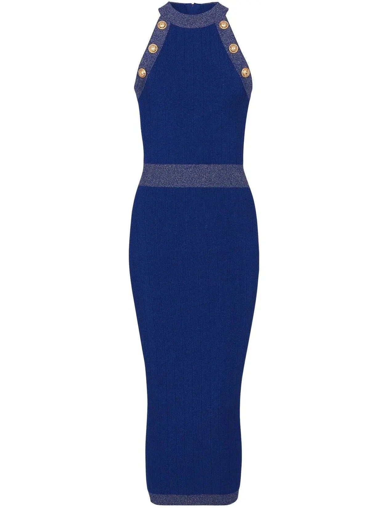 Button-Detailed Halter-Neck Knitted Midi Dress Blue - Dresses