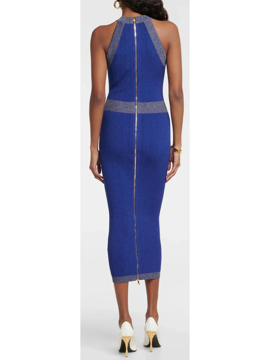 Button-Detailed Halter-Neck Knitted Midi Dress Blue - Dresses