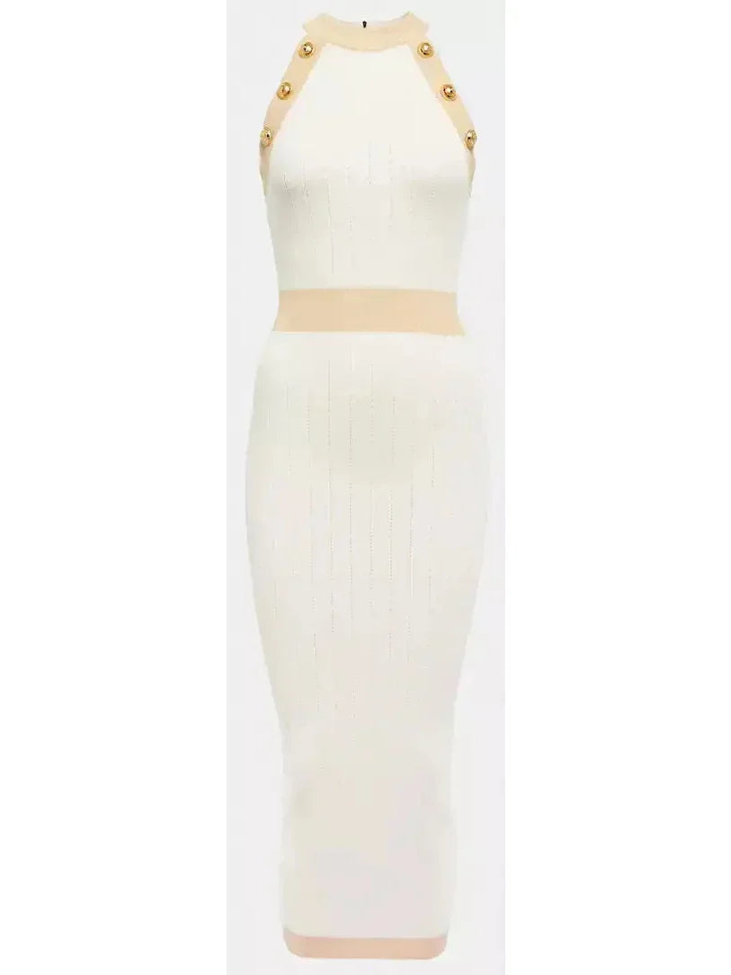 Button-Detailed Halter-Neck Knitted Midi Dress White - Dresses